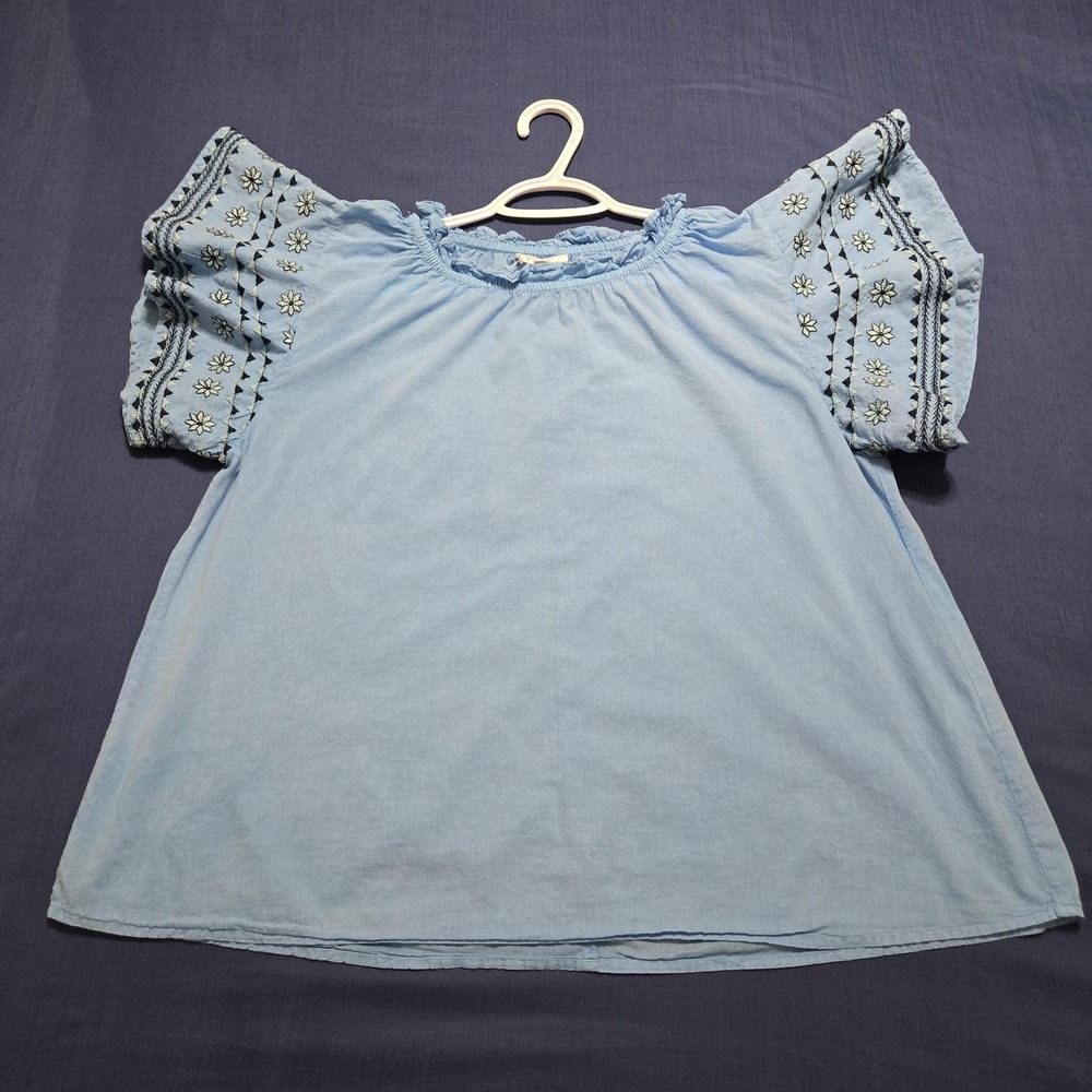 THML Blouse‎ Womens Medium Blue 100% Cotton Embroidered Flutter Sleeve Tunic Top